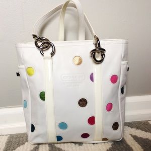 White leather polka dot COACH gallery tote/purse